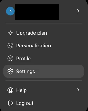 The ChatGPT account menu open, with Settings highlighted among Personalization, Profile, Help, and Log out.