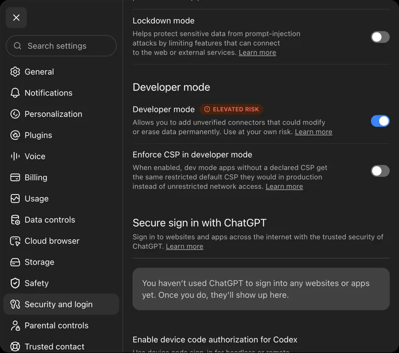 The Developer mode section of ChatGPT's security settings, with an ELEVATED RISK badge beside the setting and its toggle switched on.