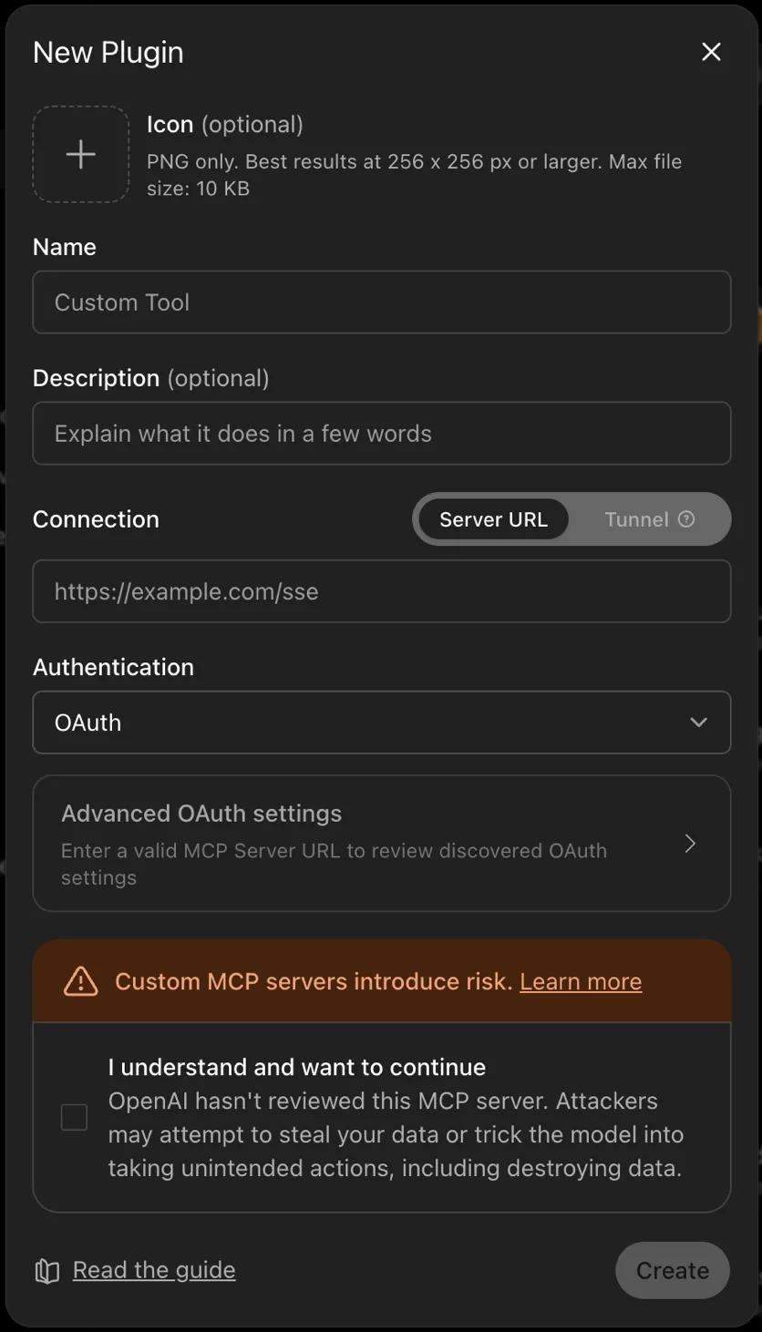 The New Plugin dialog, with fields for an optional icon, a name, an optional description, a Server URL or Tunnel connection, and Authentication set to OAuth, above a risk notice with an acknowledgement checkbox and a greyed-out Create button.