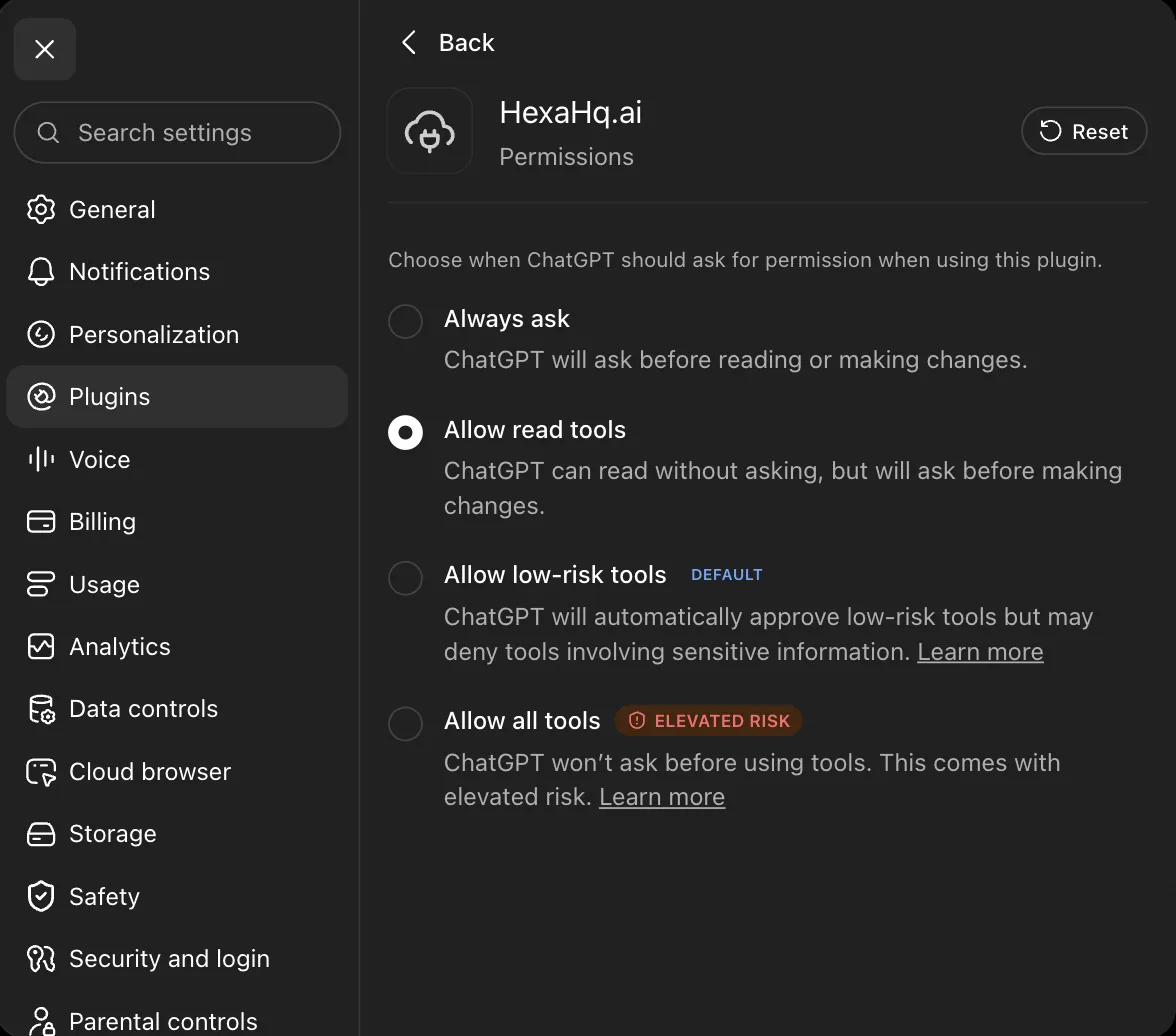 The HexaHQ plugin's permission settings in ChatGPT with Allow read tools selected, above Allow low-risk tools and Allow all tools.