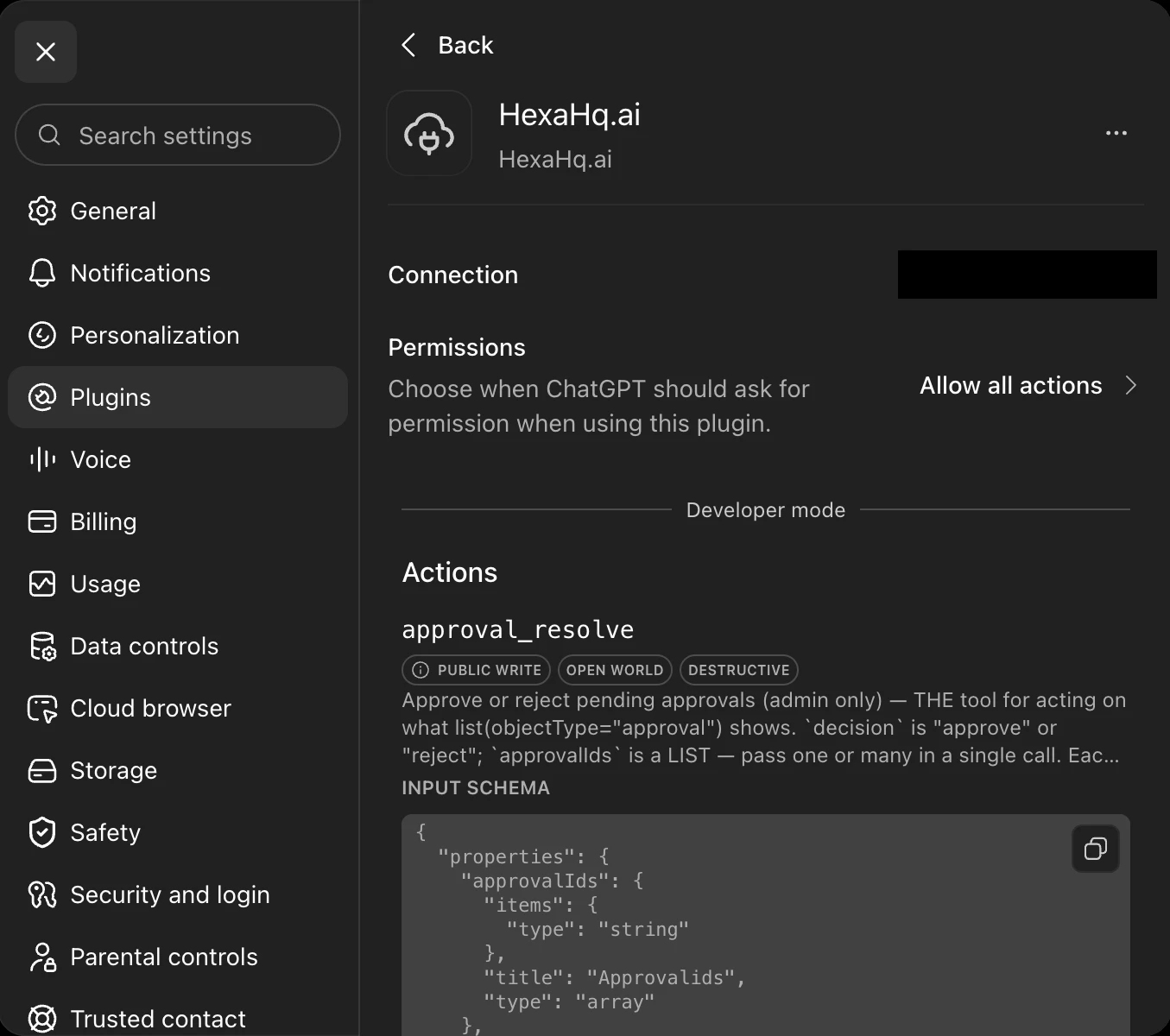 The Manage panel as it opens, showing Connection, Permissions, a Developer mode divider, and the start of a long Actions list. Its own triple-dot menu sits at the top right.