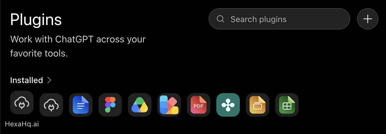 The Plugins page, with a plus button at the top right beside the plugin search box and a row of installed plugins below.