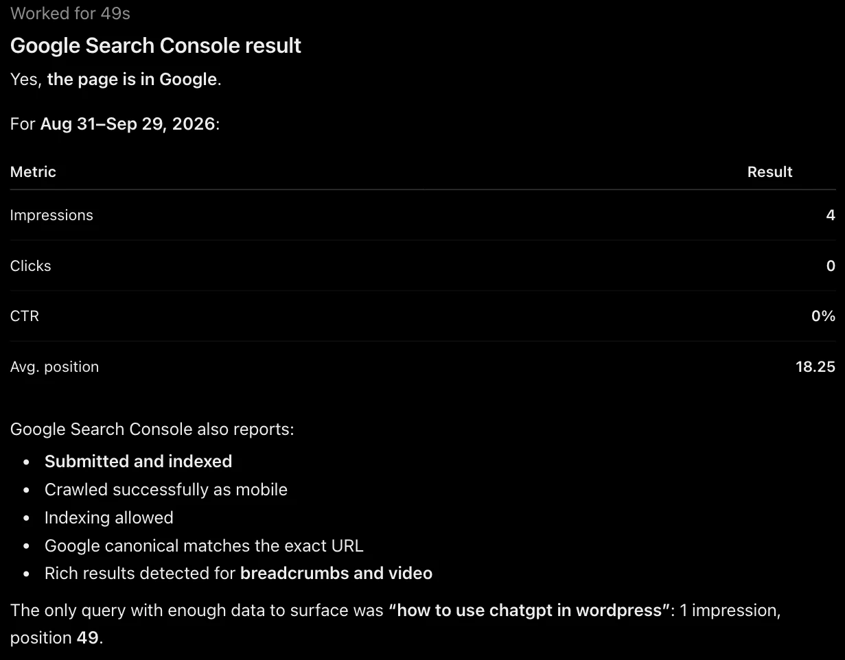 ChatGPT's answer titled Google Search Console result: yes, the page is in Google, with a table of impressions, clicks, click-through rate and average position, and a list including Submitted and indexed and rich results detected for breadcrumbs and video.