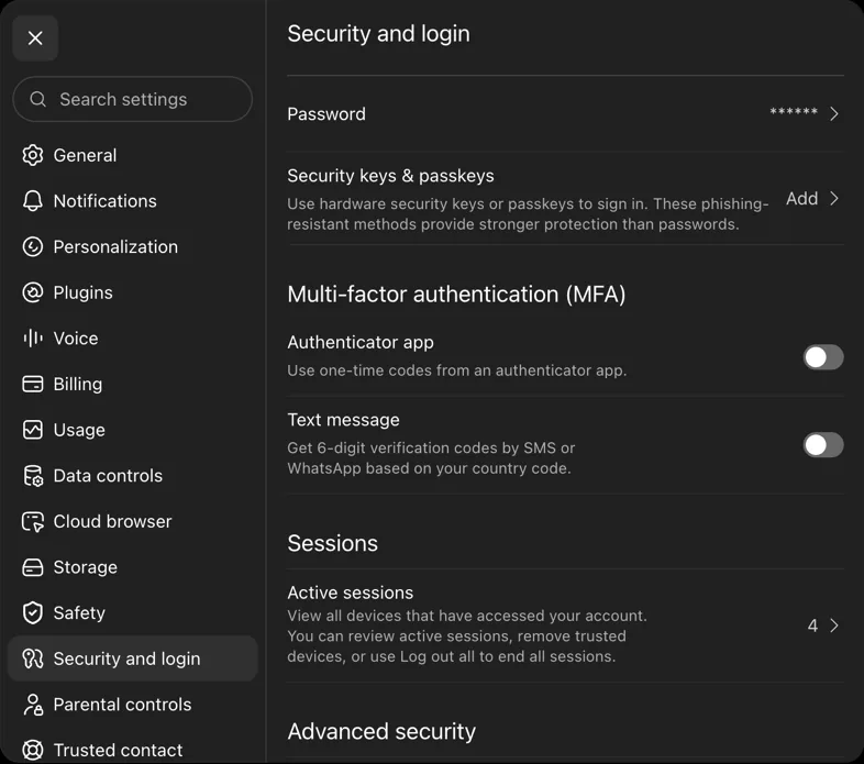 ChatGPT settings with Security and login selected in the left-hand list, showing password, passkeys, multi-factor authentication, and sessions.