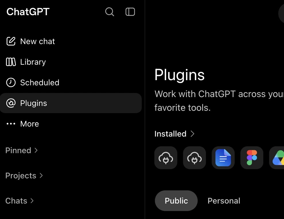 The ChatGPT sidebar with Plugins selected below New chat, Library, and Scheduled.