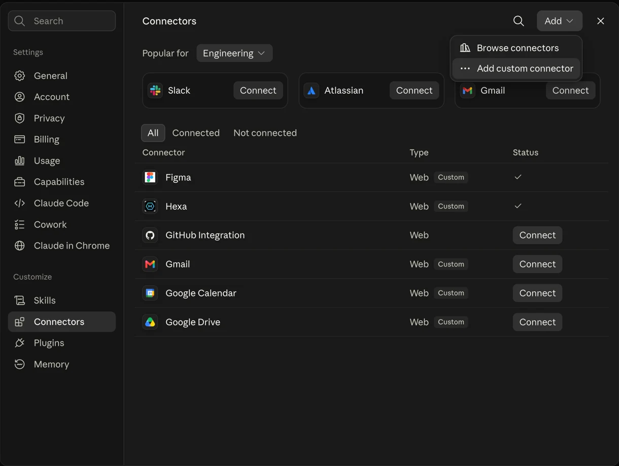 The Add menu open on the Connectors screen, offering Browse connectors and Add custom connector.
