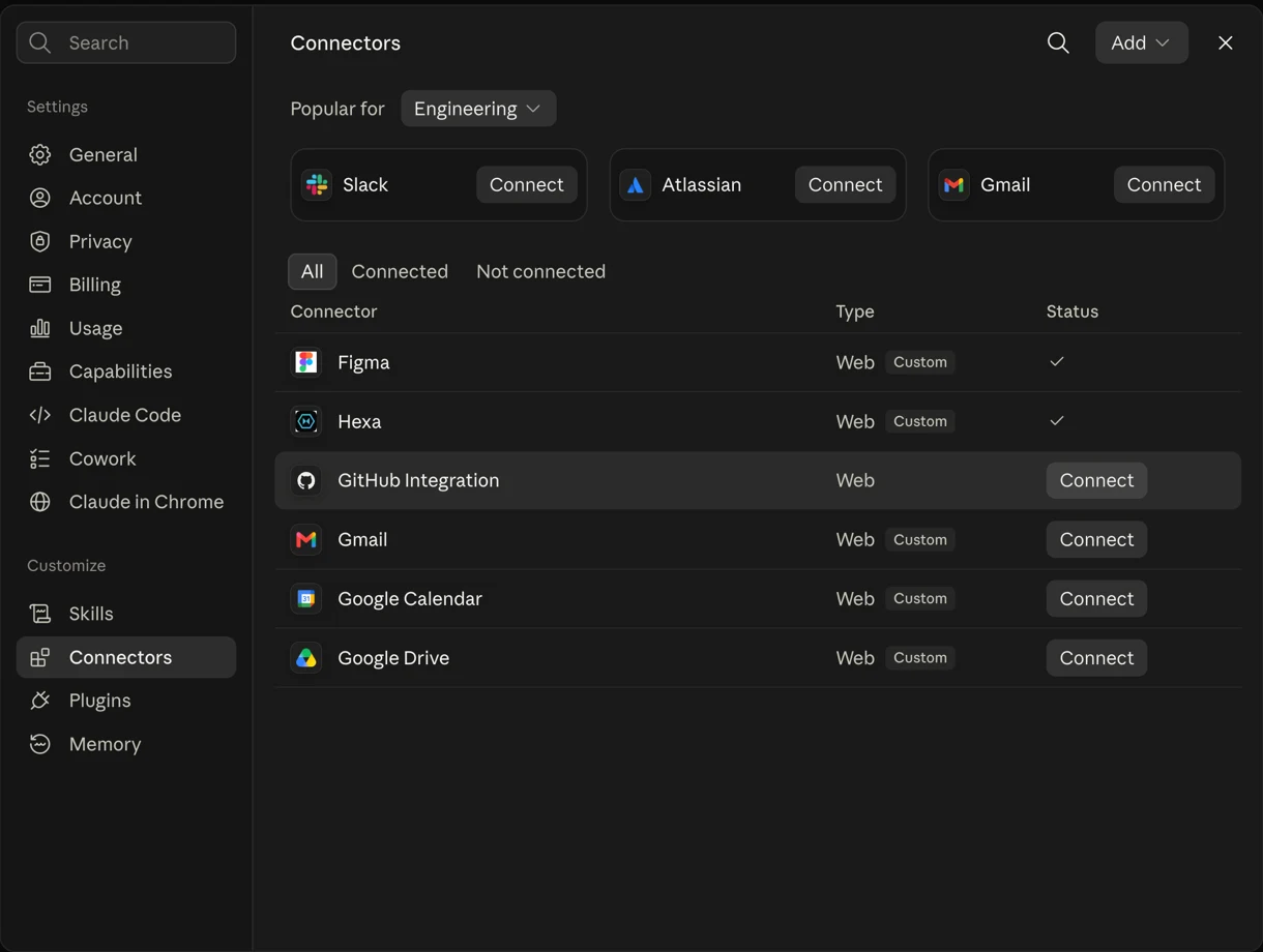 Claude's settings with Connectors selected under the Customize heading, showing the list of connectors and an Add button.