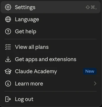 The account menu open at the bottom of the Claude sidebar, with Settings at the top of it.