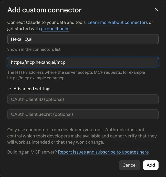 The Add custom connector dialog with a name and the address https://mcp.hexahq.ai/mcp filled in, and empty optional OAuth fields.