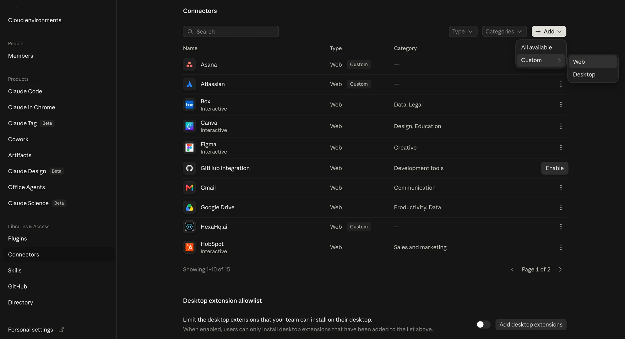 The Add menu open on the admin Connectors screen, with Custom expanded to show Web and Desktop.