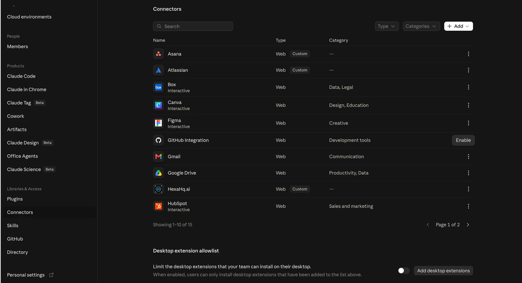 The admin settings Connectors screen, with Connectors selected under Libraries and Access and a list of the workspace's connectors.