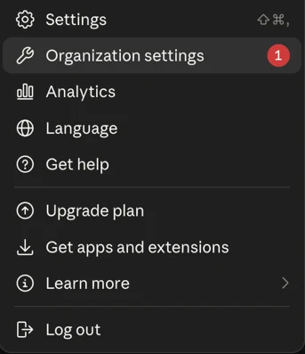 The account menu with both Settings and Organization settings listed, and Organization settings highlighted.