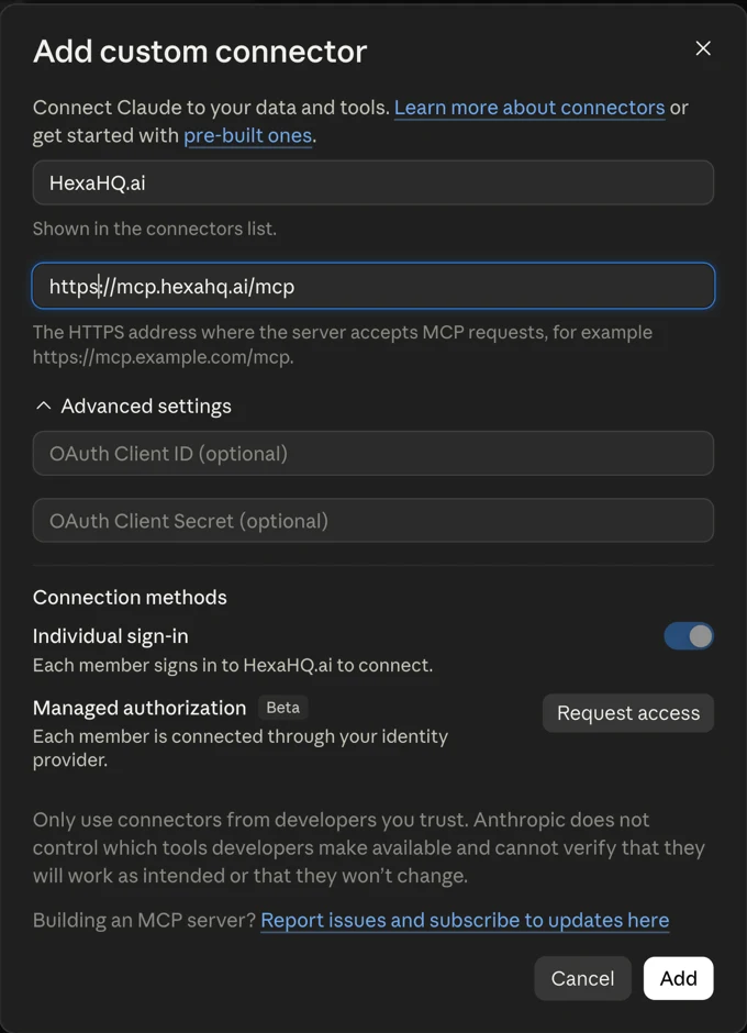 The Add custom connector dialog on a team plan, with Connection methods showing Individual sign-in switched on and Managed authorization as a beta alternative.