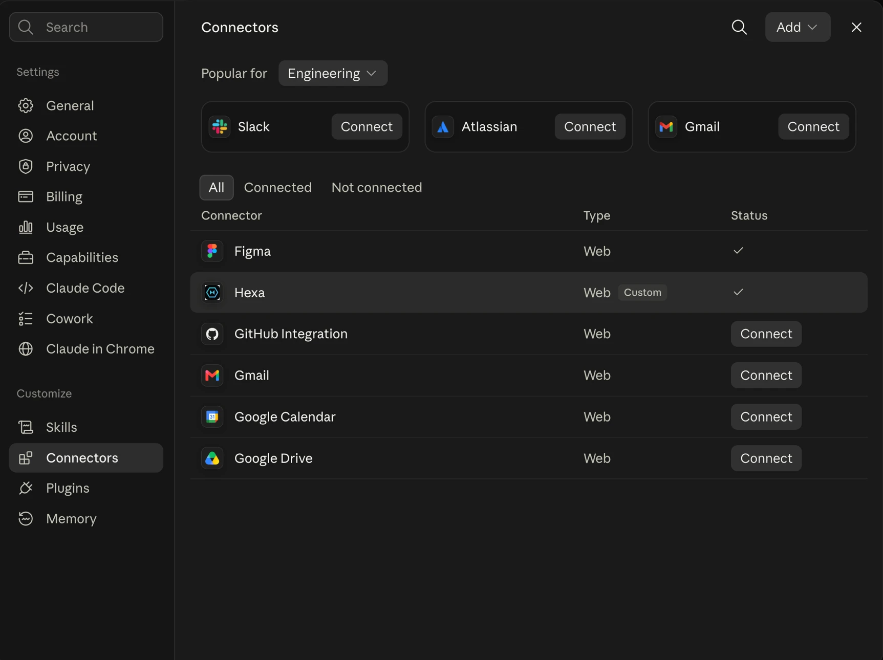 The connector list, with the HexaHQ row marked Custom and shown as connected.
