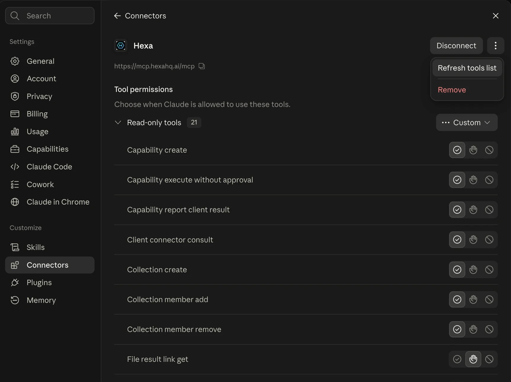 The HexaHQ connector page, with the menu beside Disconnect open and showing two items: Refresh tools list, and Remove.