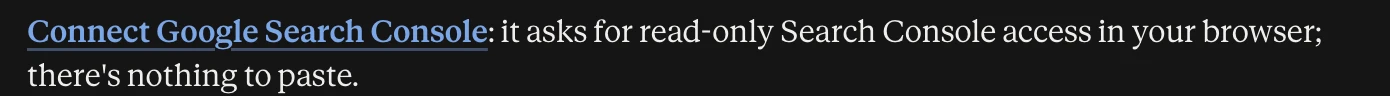 Claude's reply with a link reading Connect Google Search Console: it asks for read-only Search Console access in your browser; there's nothing to paste.