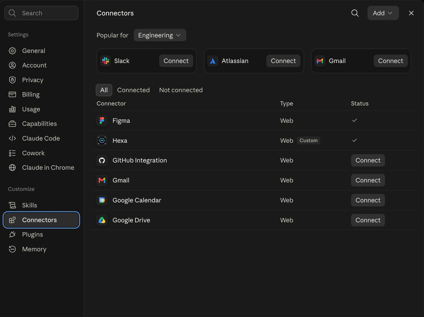 Claude's settings, with Connectors selected under the Customize heading in the left-hand list.