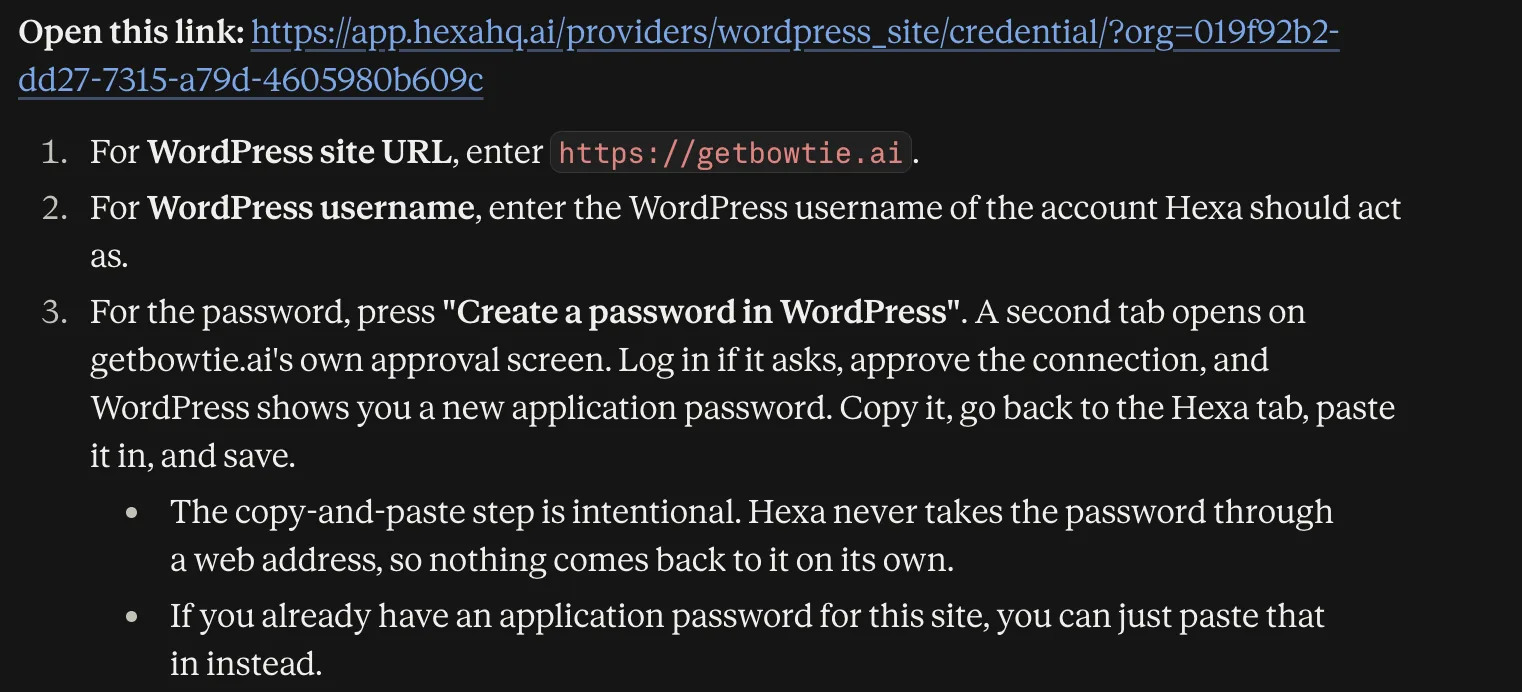 Claude's reply: open this link, then enter the site address, enter the WordPress username, and press Create a password in WordPress, approve it on the site's own screen, copy the password WordPress shows, and paste it into the HexaHQ tab.