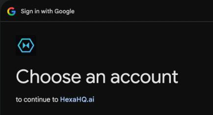Google's Choose an account screen, to continue to HexaHQ.ai.