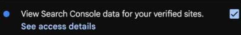 The line on Google's permission screen reading View Search Console data for your verified sites, with its box ticked.