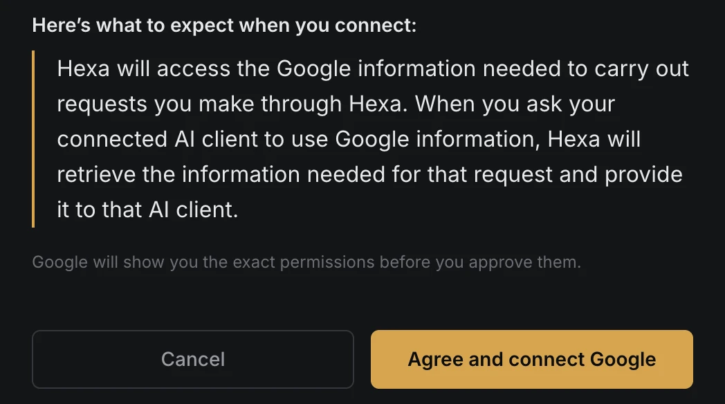 The HexaHQ page explaining that HexaHQ will retrieve the Google information needed for your requests and provide it to your AI client, with Cancel and Agree and connect Google buttons.