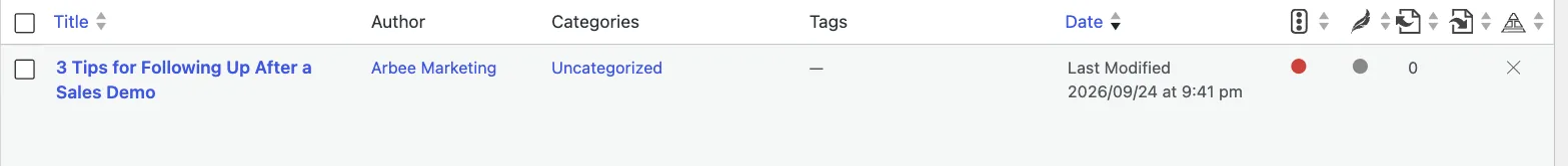 The WordPress Posts list with the new post marked Draft.