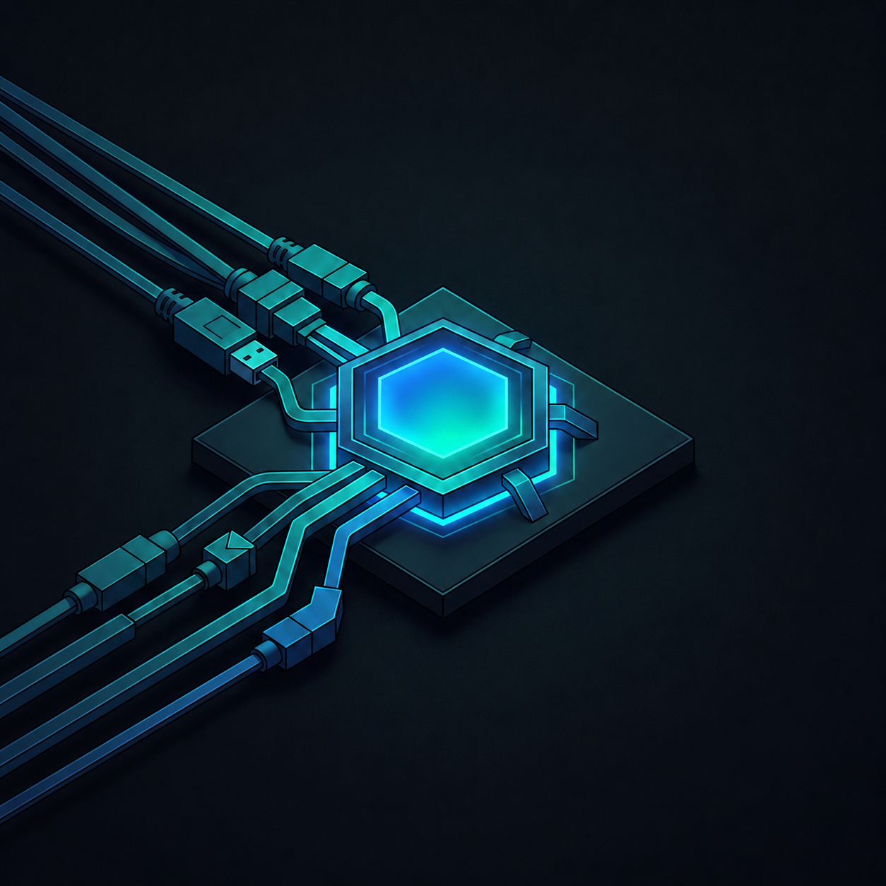 Many tool cables converging into a single glowing hexagon connector