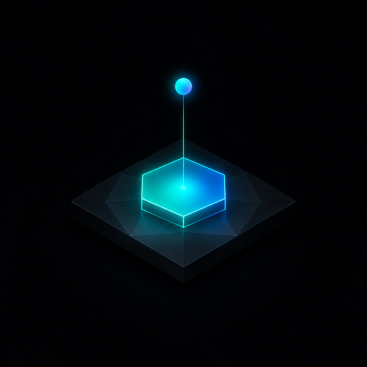 A single spark descending on a light trail into a glowing hexagon node