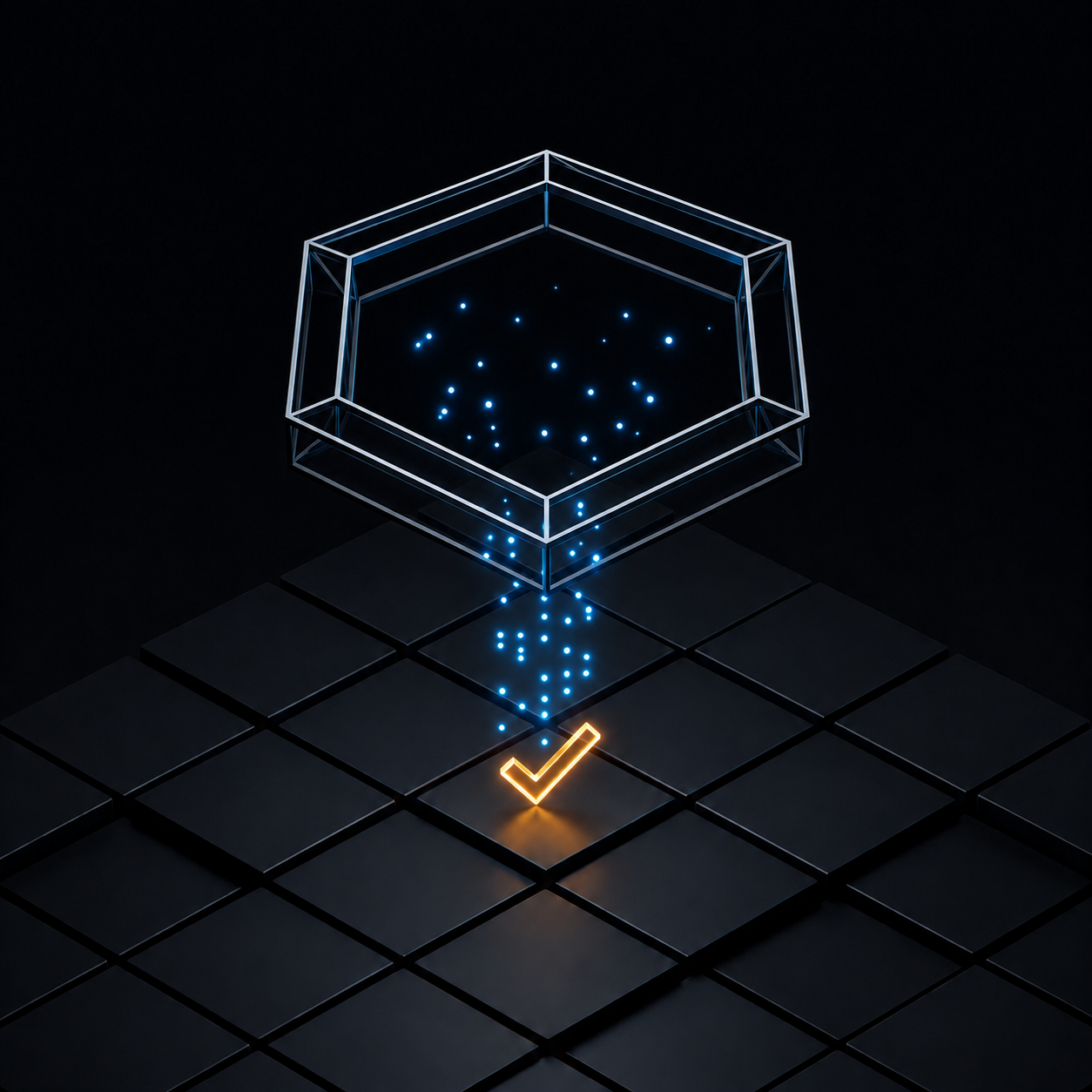 An action dispatched down into a grid of real systems, resolving to a completion check