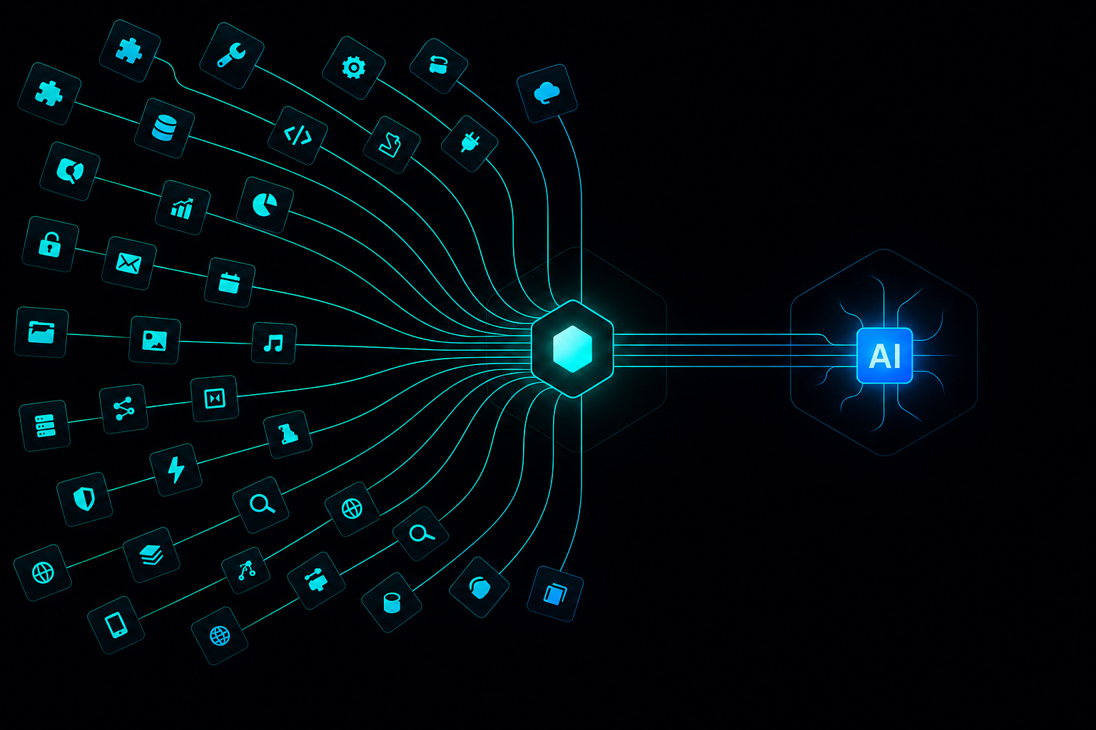 Many different tools fanning in through a single governed hexagon connector to one AI node