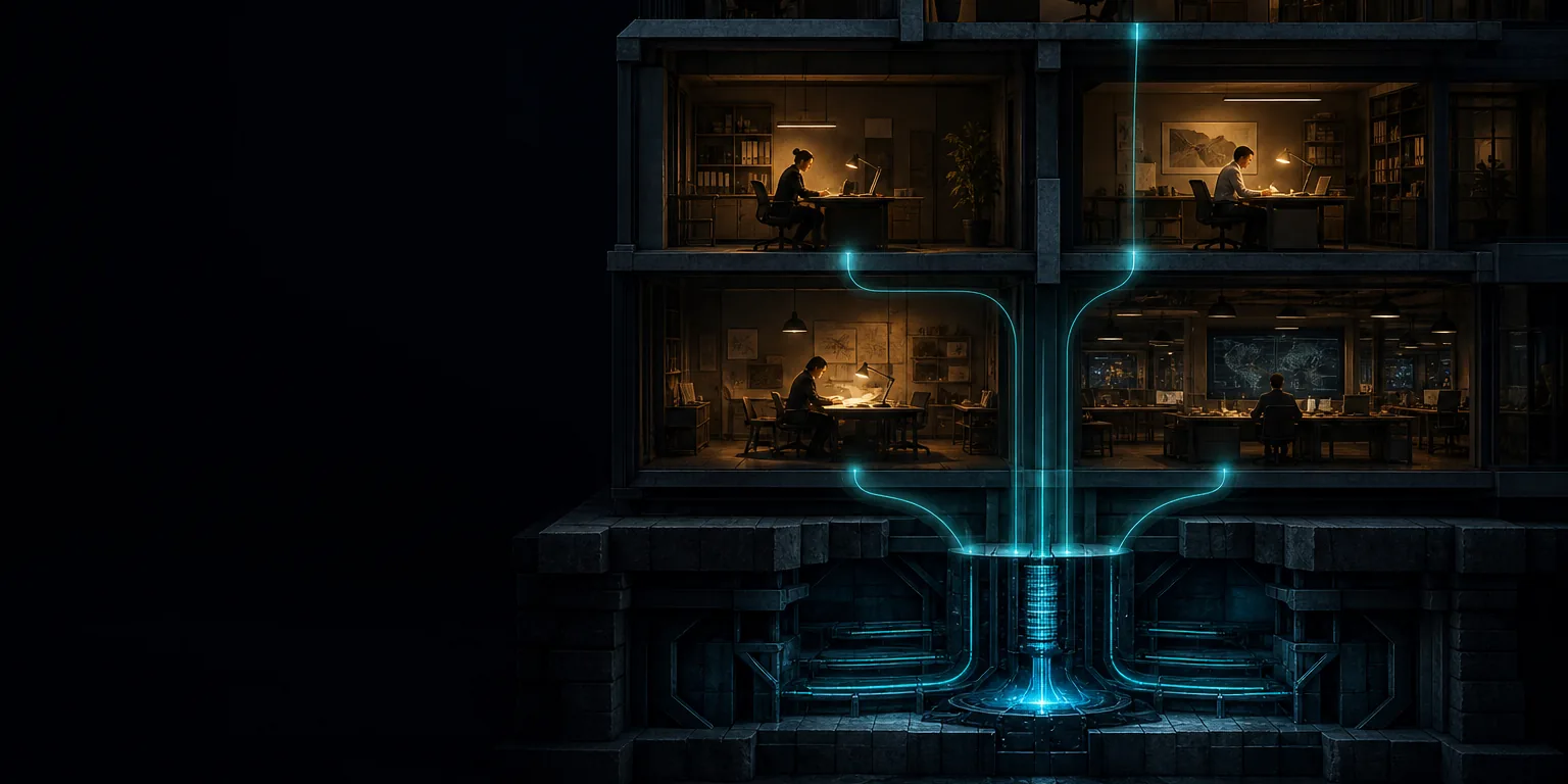 A cutaway of an office building at night: people work alone in separate warmly lit rooms, while teal light rises into each room from one shared engineered foundation beneath them.