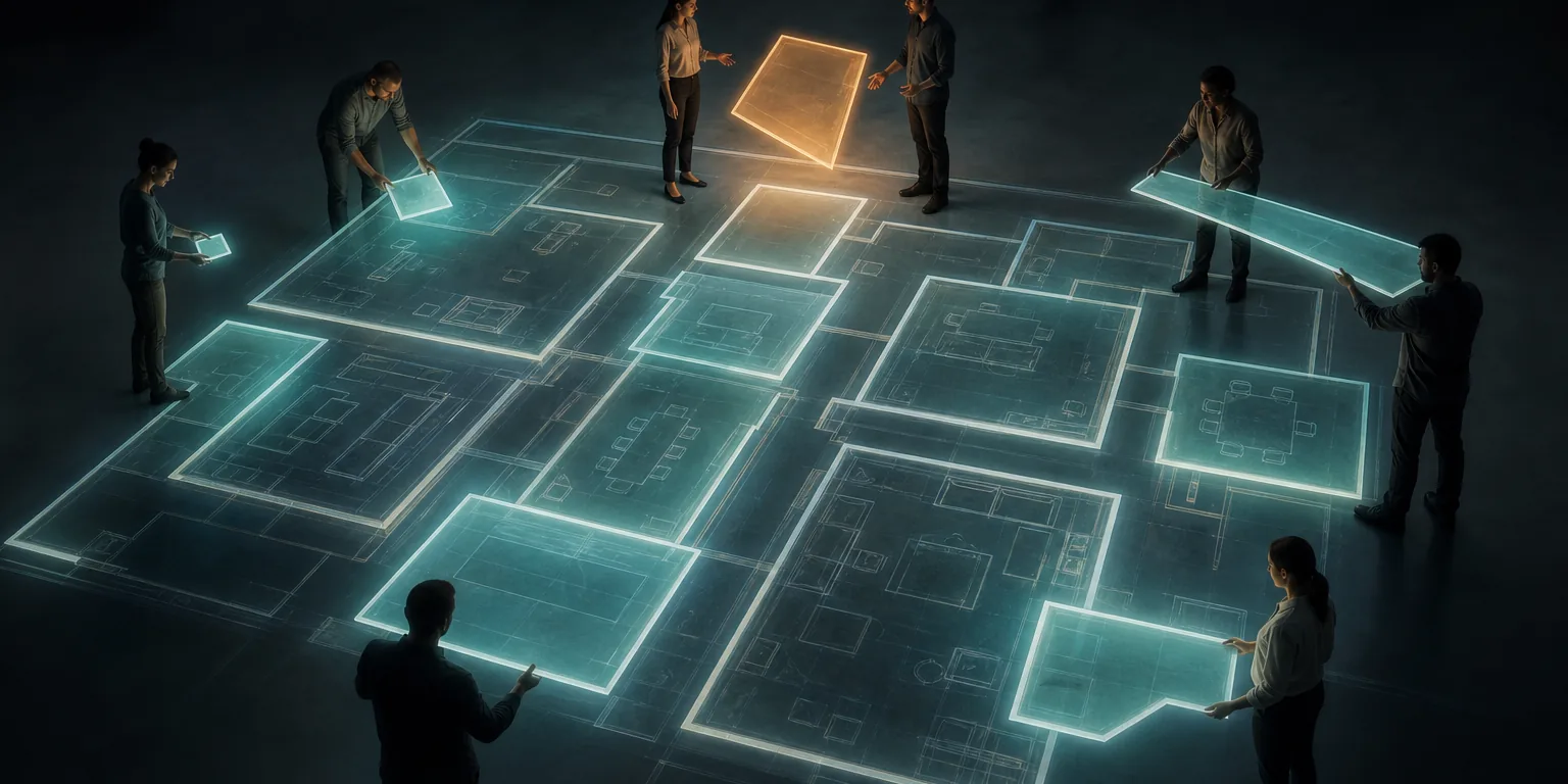 People stand around a large glowing floor plan, each fitting a differently shaped piece into a different room, while two of them discuss where one amber piece belongs before it is placed.