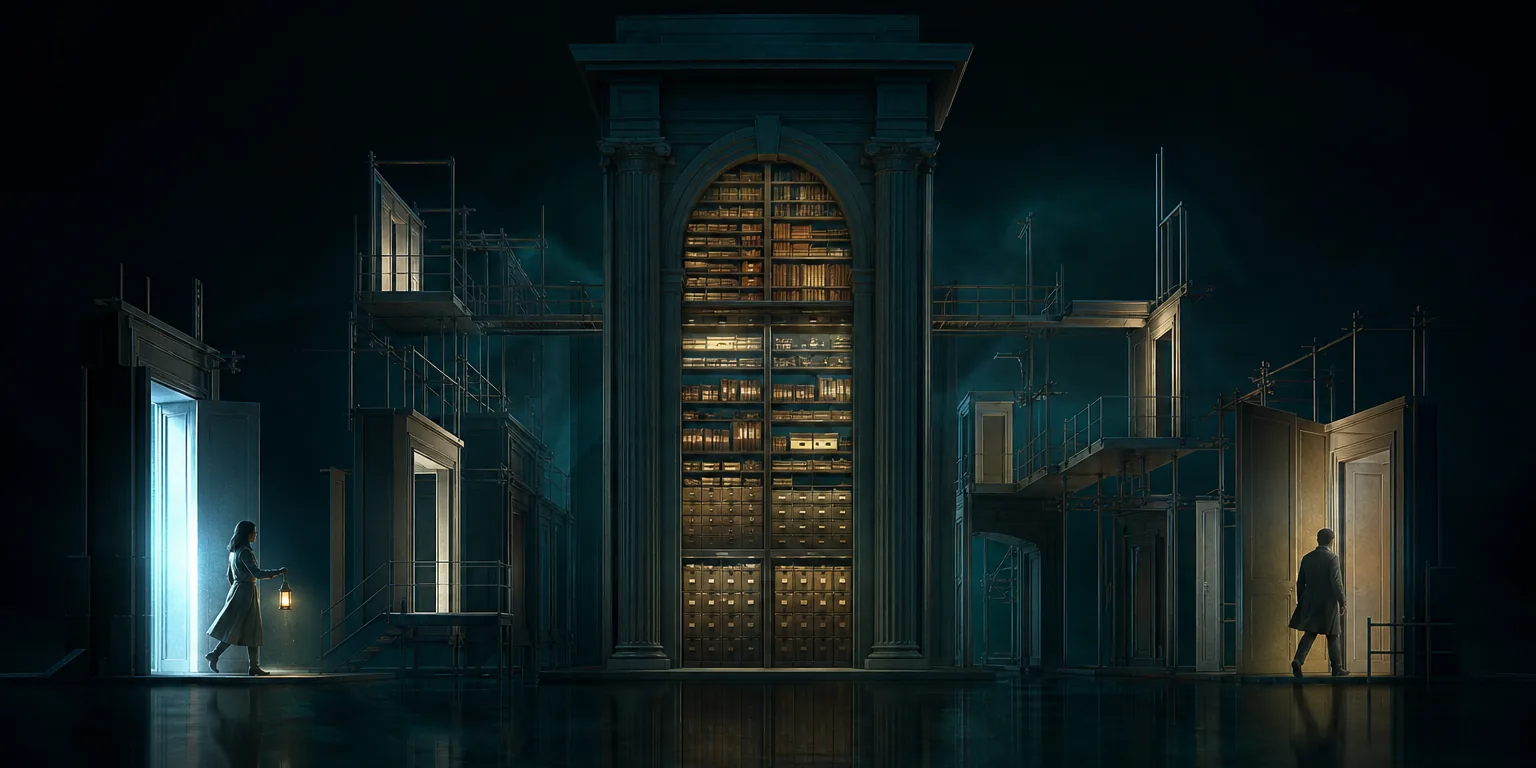 A tall archive of ordered shelves and drawers stands intact at the center while one person arrives through a door on the left and another leaves through a door on the right.