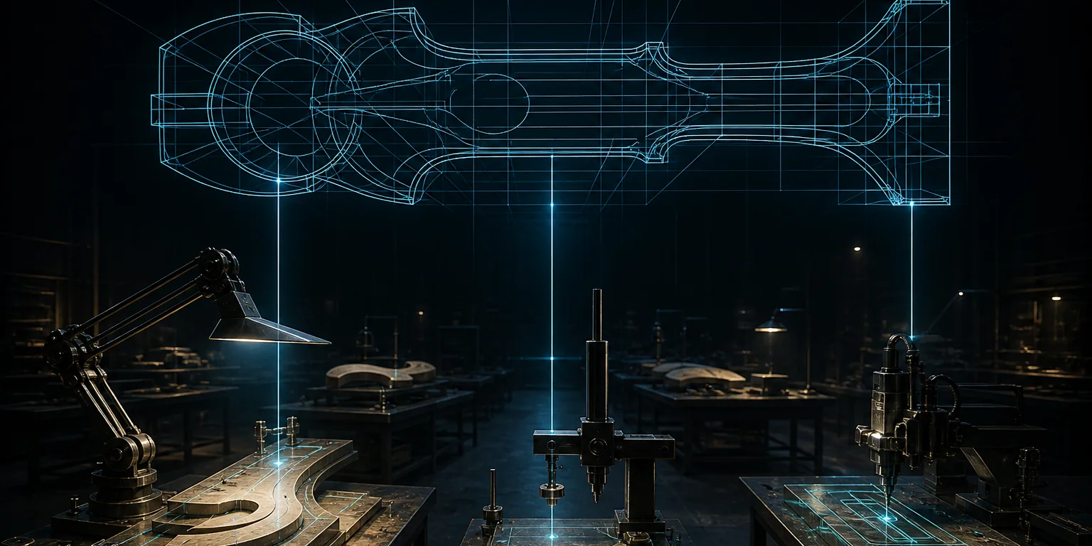A dark workshop where three different precision instruments each work on a separate part, all guided by lines of light from one master blueprint suspended above them.