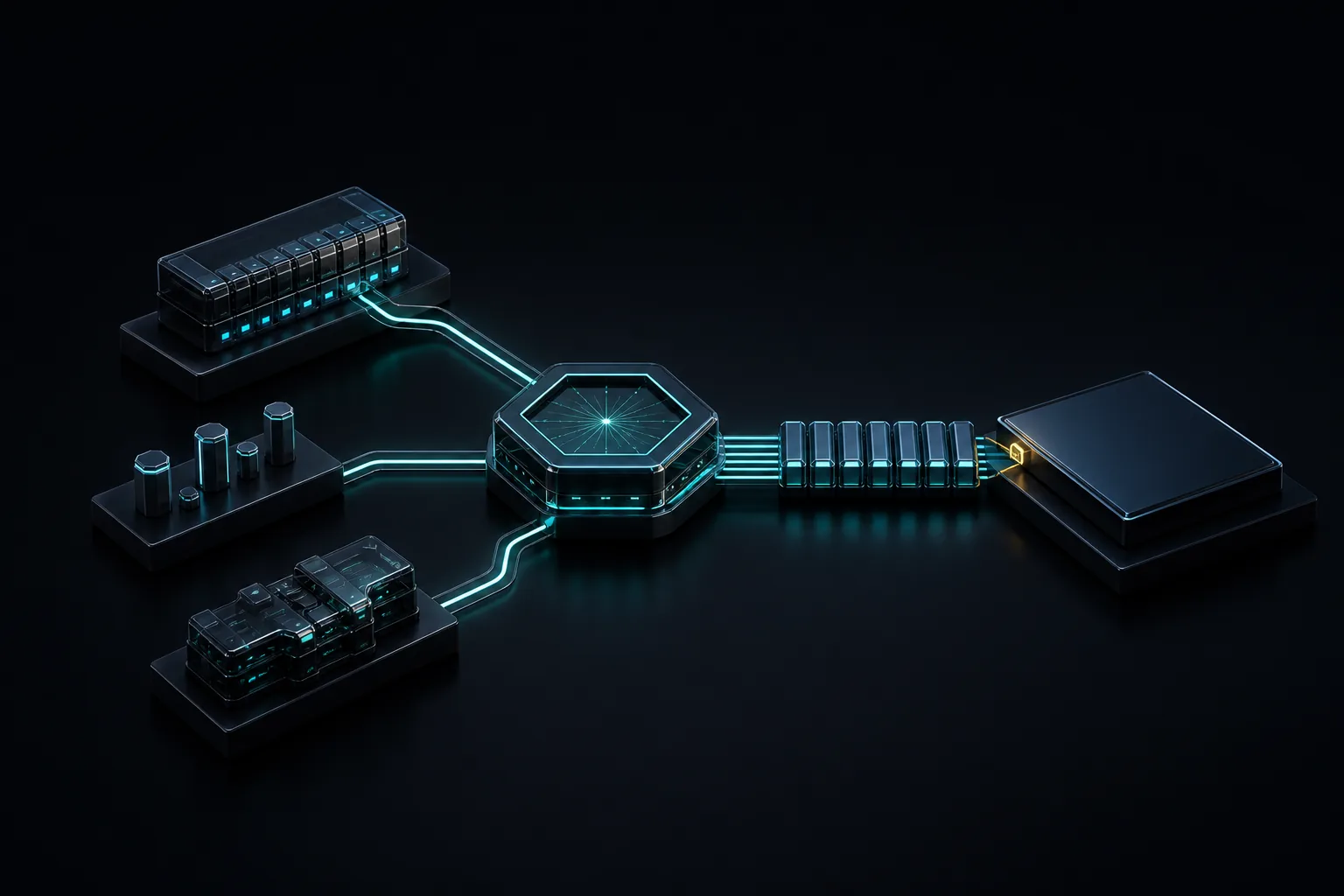 Three different kinds of system feed into HexaHQ and come out as consistent capabilities used by one AI.