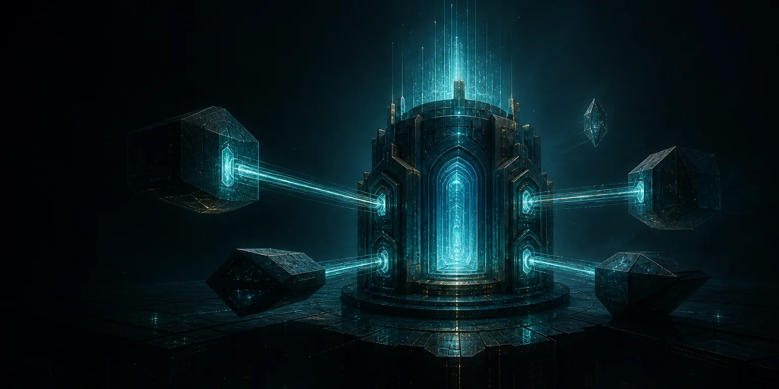 A stable central archive glows teal on a dark platform while several modular engines dock into it from different directions.